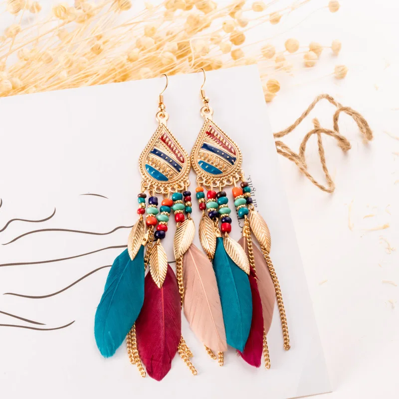 

2021 wholesale fashion Bohemian Tassel Feather Earrings for Women Dangle Long Boho Drop Vintage Jewelry