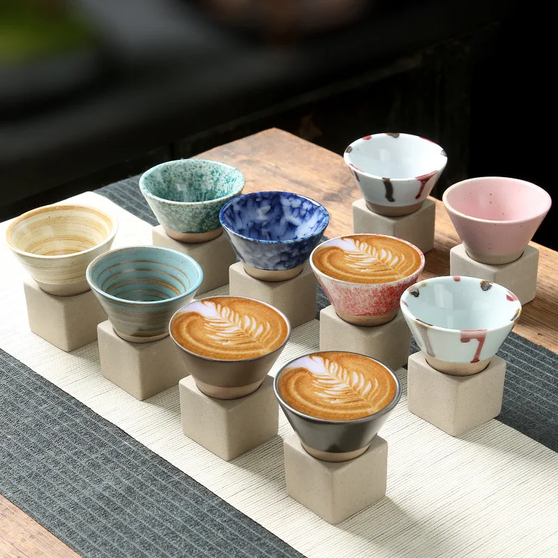 

Creative Retro 200Ml Japanese Drawing Coarse Pottery Pointed Bottom Ceramic Latte Coffee Cup With Base