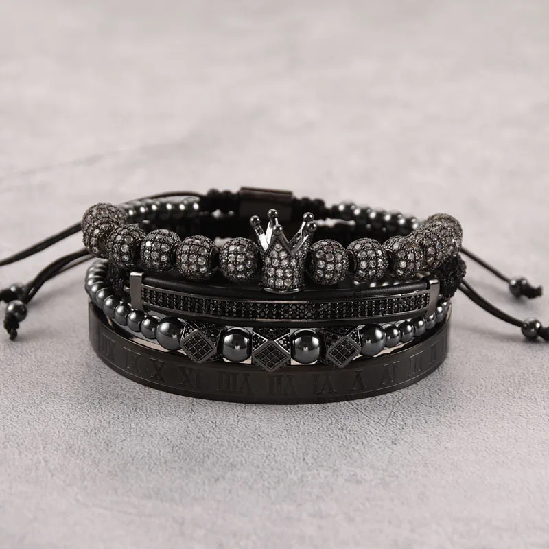 

Hot Selling Punk Handmade Jewelry Men's Adjustable Braiding 4Pcs/Set Micro Pave CZ Balls King Royal Crown Bracelet Set