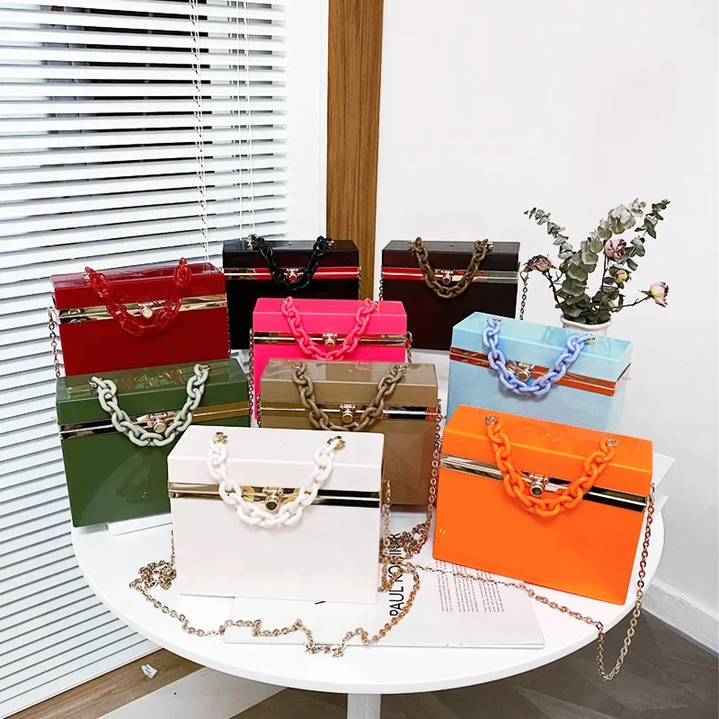 

Designer Square Acrylic Box Bag Chain Cross Candy Color Jelly Bag Purses Handbags