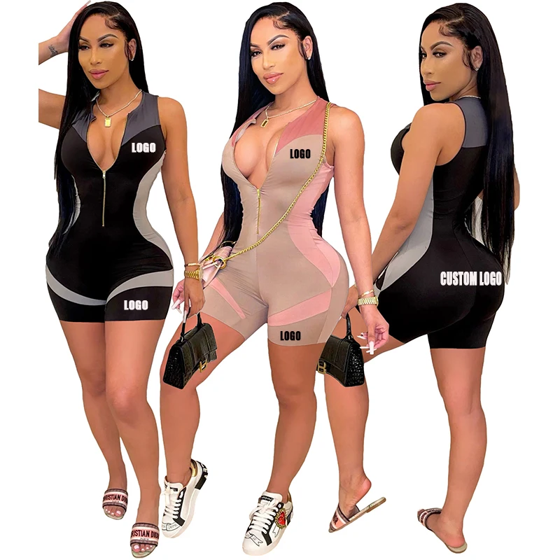 

Free Shipping Pop Girls Tracksuit Bodycon Women Biker Short Sets Summer Yoga Wear with zipper Ladies One Piece Jumpsuit, Customized color