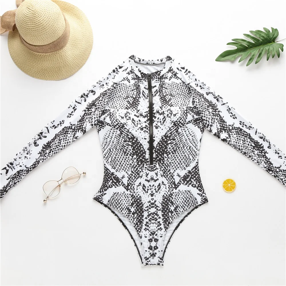 

Chic Snake Print Women's Swimwear Long Sleeve Zipper One-piece Swimsuit Summer Hot Sale Polyester Sexy Swimming Wear For Women, Multi color
