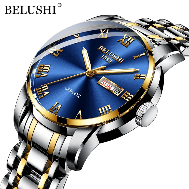 

Top Brand Luxury BELUSHI 556 Luminous Waterproof Mens Watch Stainless Steel Watch Quartz Date Calendar Business Wristwatches