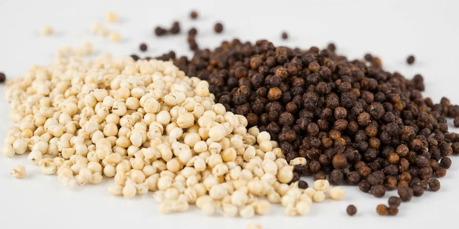 Glass jars of white and black pepper spices