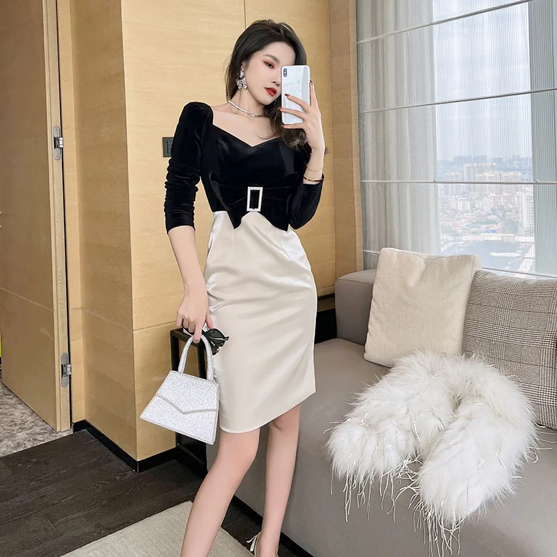 

ZYHT 9417 Boutique Clothing French Fashion Dress Velvet Satin Stitching Dresses Elegant Casual Dresses