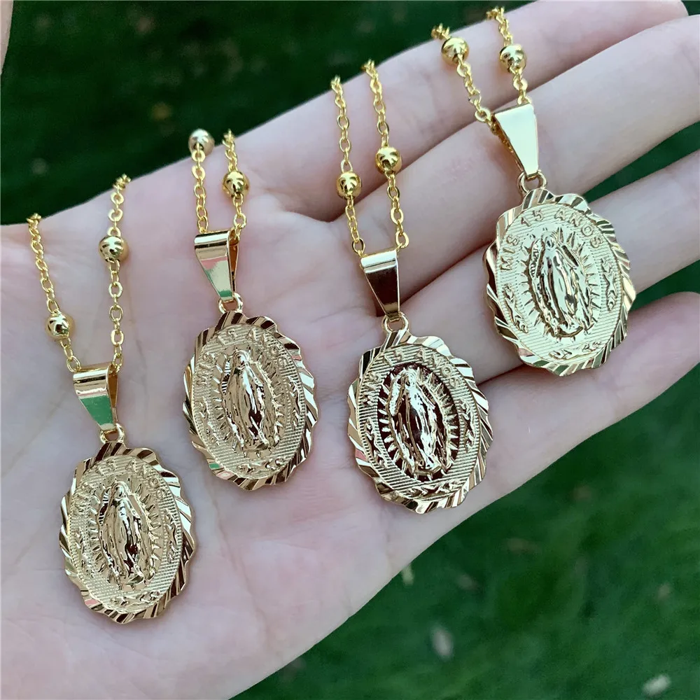 

Religion Virgin Mary Gold Cubic Zircon Pendant Necklace Cable Chain CZ Zirconia Pave Jewelry Charm Pendant, Gold color