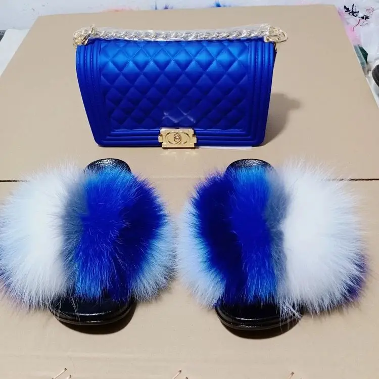 

Wholesale fur slides fur slippers slides fur slides and matching purse, Customized color