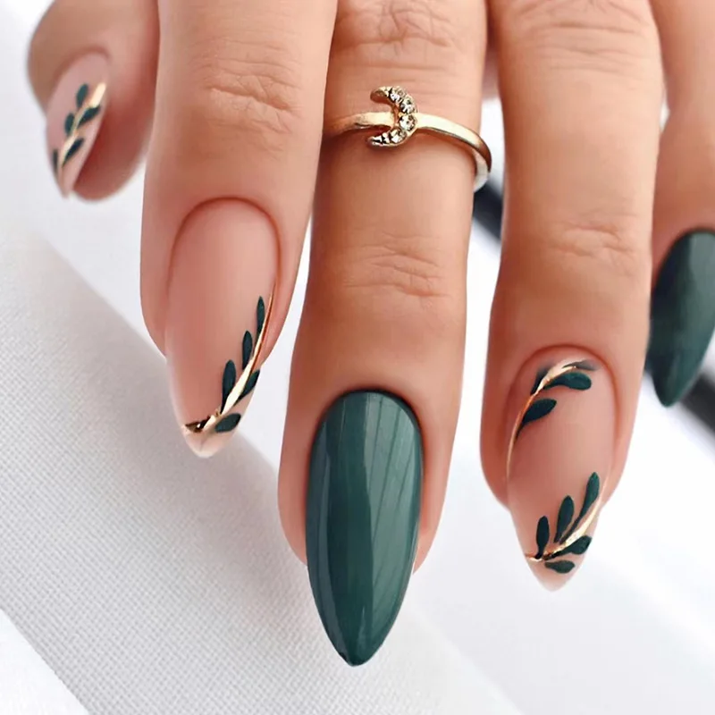 

Custom Private Label Art False Nails Simple Leafy Dark Green Luxury Long Ballerina French Coffin Press On Nails Artificial Nails