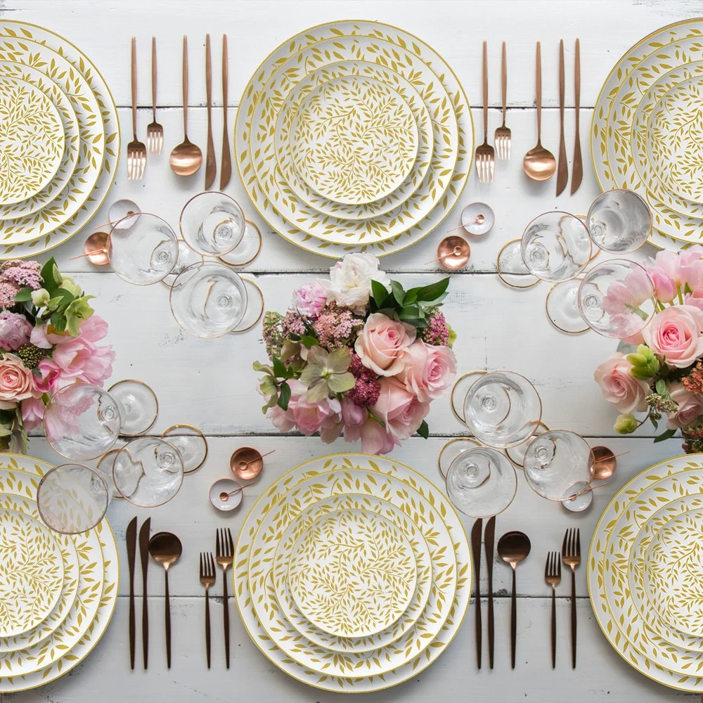 

Gold Leaf Pattern Wedding Tableware Plate Ceramic Charger Plate Bone China Luxury Porcelain Dinner Set, As shown