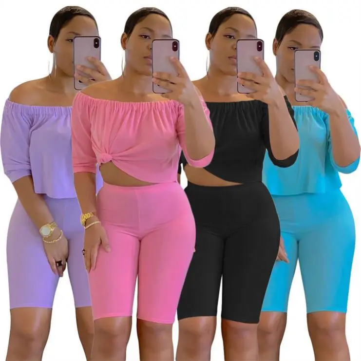 

MISS New Style Off Shoulder Solid Color Womens 2 Piece Summer Hogger Pants Two Piece Biker Short Set