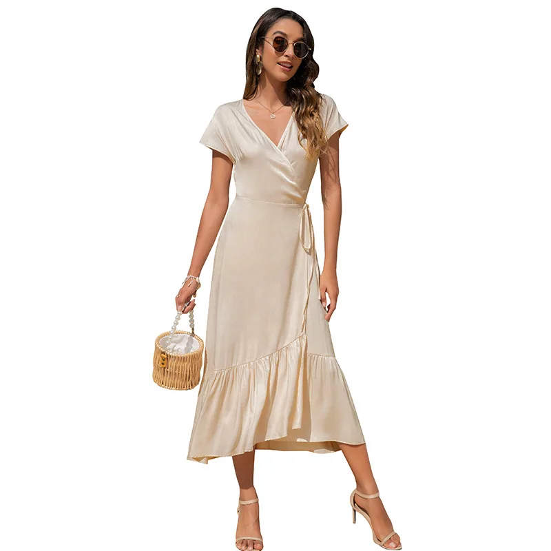 

2021 Hot Style Summer New Style V-neck dress with irregular and simple slim woman dress
