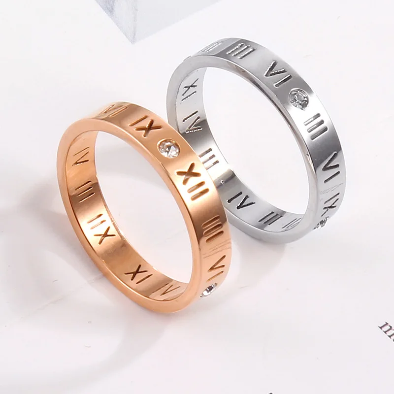 

Simple Design New Trendy Jewelry Bling Roman Numerals CZ Stone Stainless Steel Rotatable Ring Women Men 1016