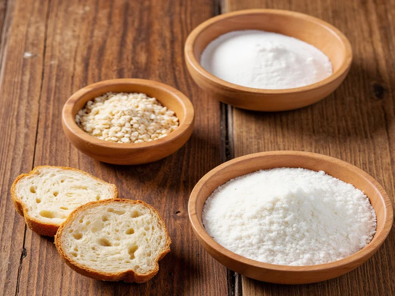Four essential bread making ingredients on wooden table