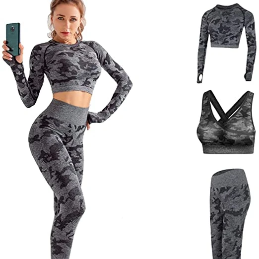 

3 piece seamless yoga set Camouflage Fitness Suit Gym Clothes Camo Workout Clothing Yoga Set Black Activewear Outfit, Black green purple