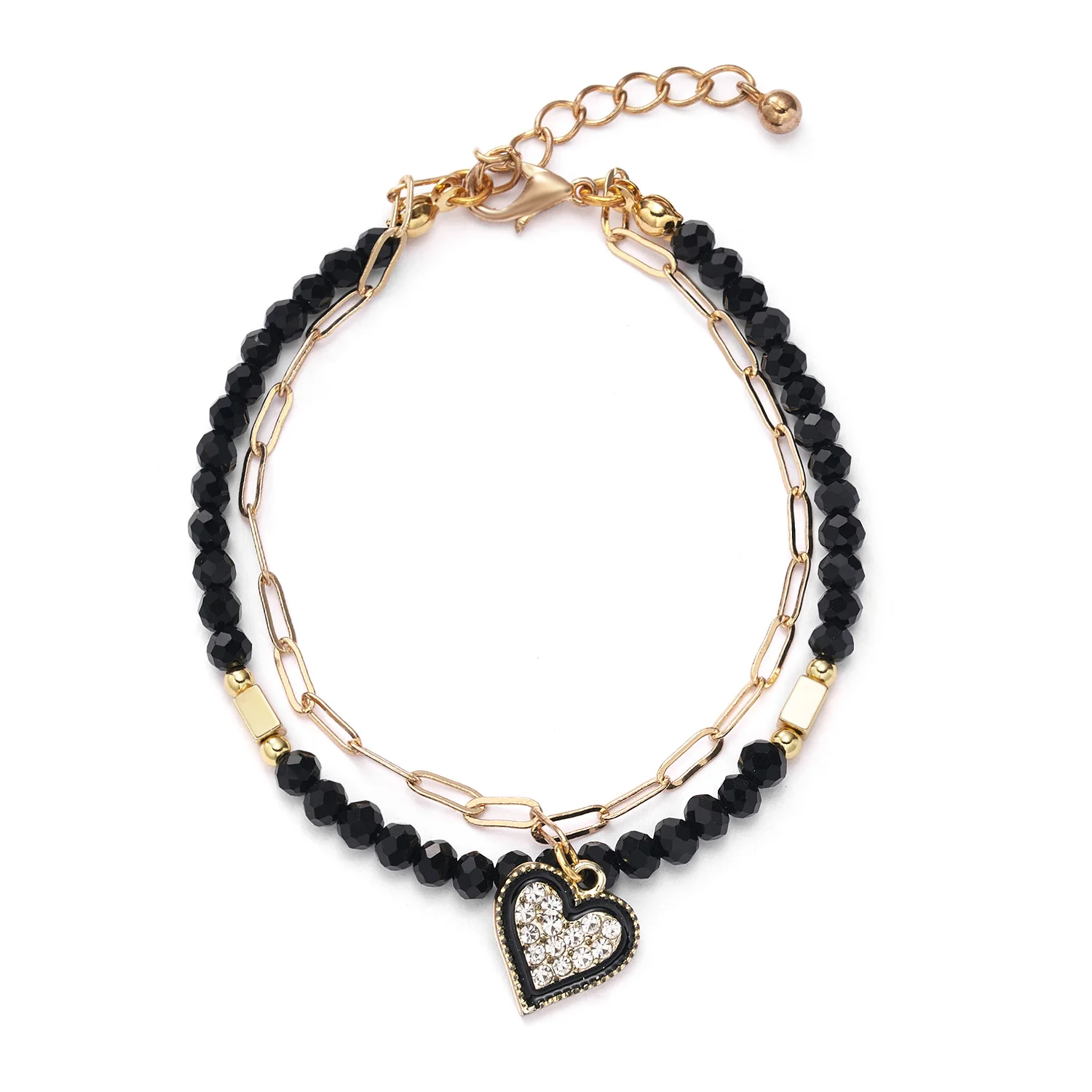 

heart letter rhinestone pendant crystal beaded chain double bracelet for couple women girls student, Black