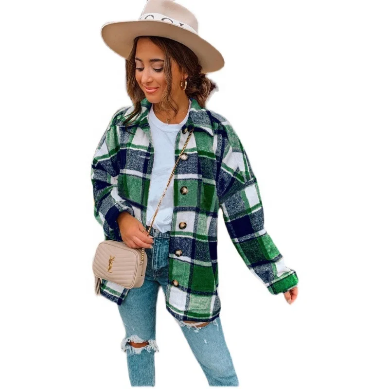 

2021 Fall Long Sleeve Plaid Shirt Blouse Ladies Jacket Fashionable Plaid Shacket Crop Top Women Flannel Plaid Shirt