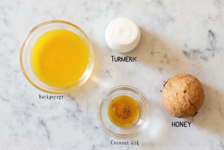 Golden milk recipe ingredients: turmeric, black pepper, coconut milk, and honey arranged on kitchen counter