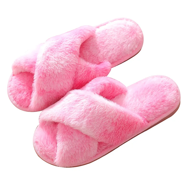 

Women Open Toe Winter Indoor Slippers Non-Slip Criss-Cross Fur Slides Plush Fluffy Wool Sandals, Solid color
