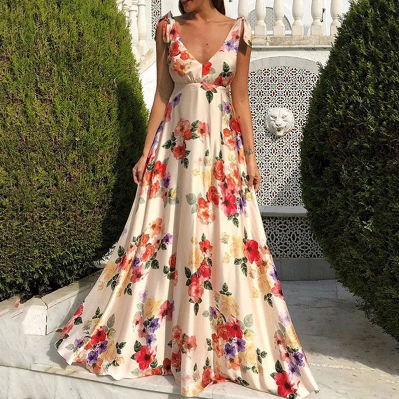 

Elegant Princess Backless Straps Party Dress 2021 Fashion Floral Print Sexy Deep V Dress Women Sling Sleeveless Beach Long Dress