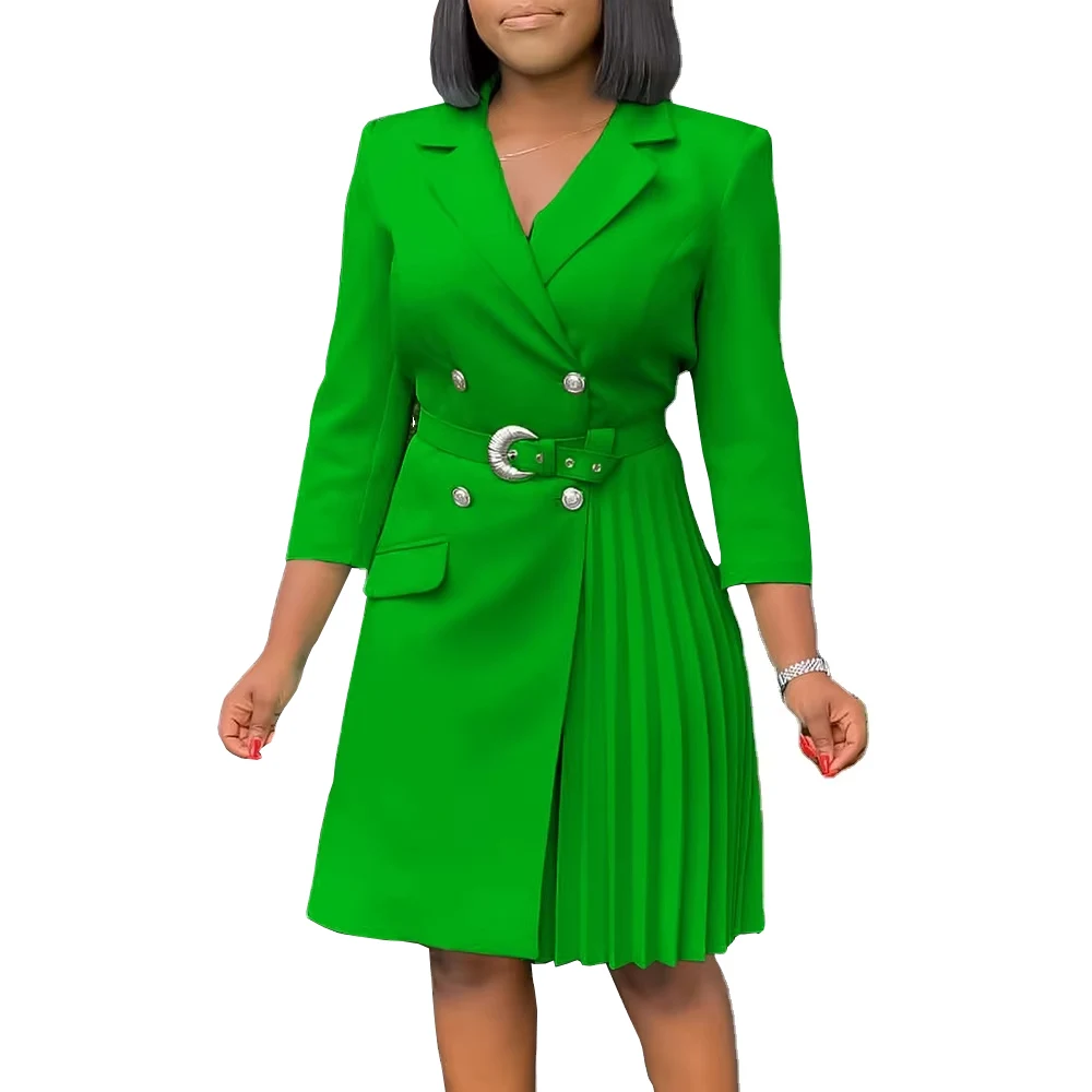 V Neck Pleated Dress Three Quarter Sleeves