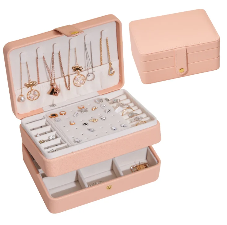 

3 Layer necklace rings earrings Display Case Luxury Jewelry Box Pink Travel Jewellery Organizer For Girls Ladies