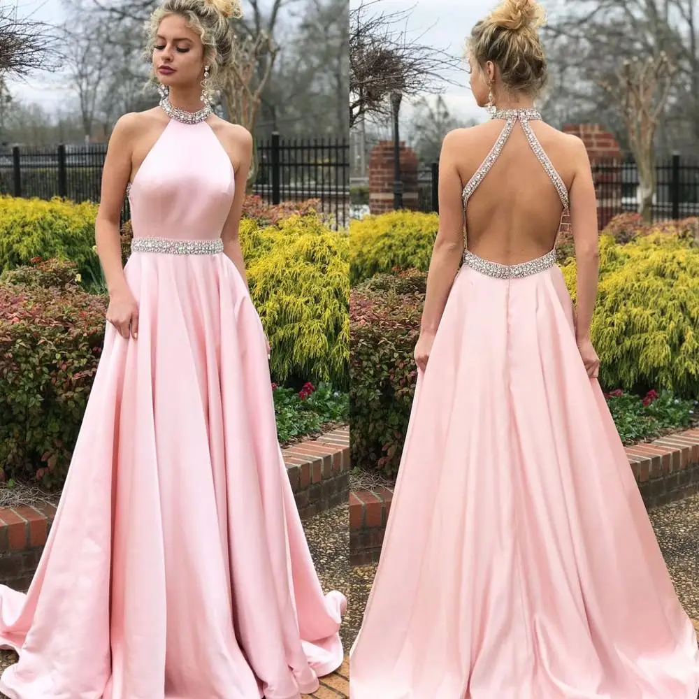 

Women 's HALTER diamond backless bride wedding dresses Maxi Long Evening Prom Pink Dress