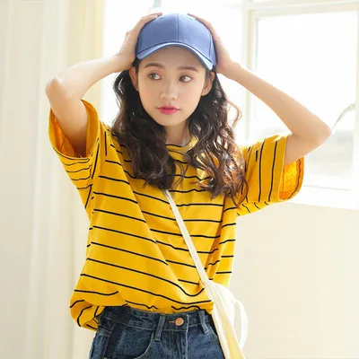 

Women's short-sleeved loose T-shirt summer wild student striped Harajuku top retro T-shirt