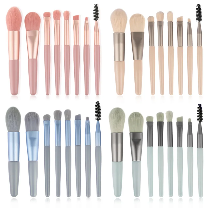 

cheap price 8pcs mini makeup brush set wholesales make up brush set 4 colors with PV bag, Blue pink orange grey