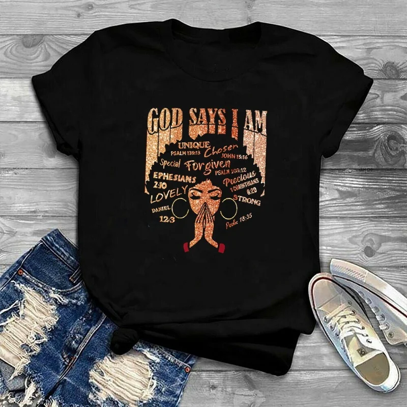 

New Design Black Queen God Say i am Printed T-Shirt Melanin Soft Cotton Custom Logo Women Graphic Tees, Black white gray dark blue red