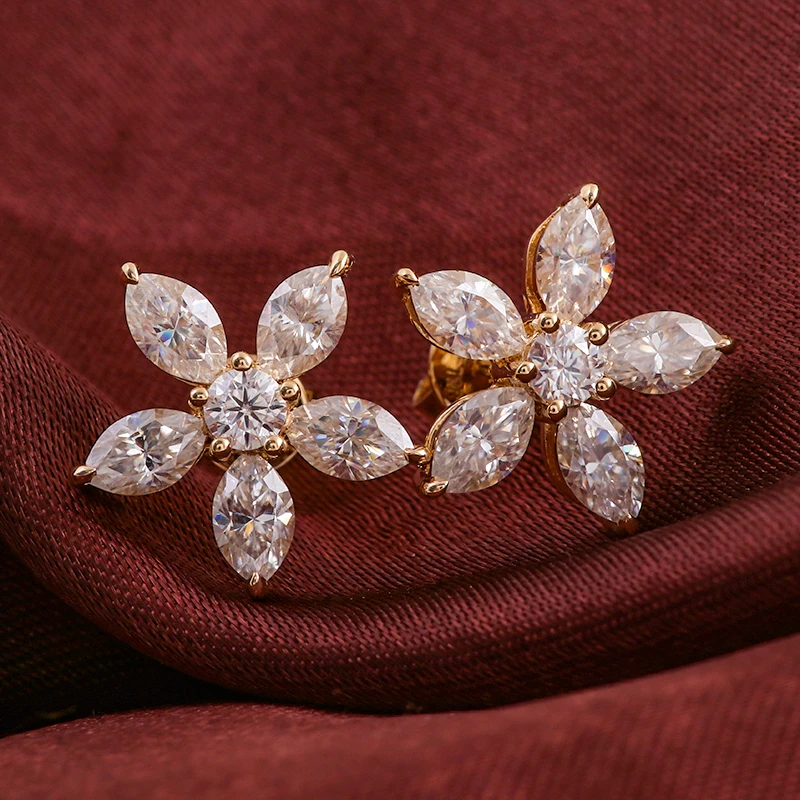 

Flower shaped 18k yellow gold earrings marquise & round cut moissanite fine stud earrings jewelry