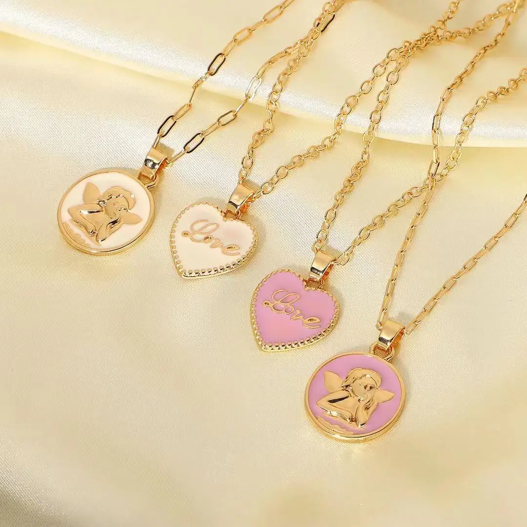 

2021 Trendy 18k gold heart cupid love engraved pendant custom pink necklace resin