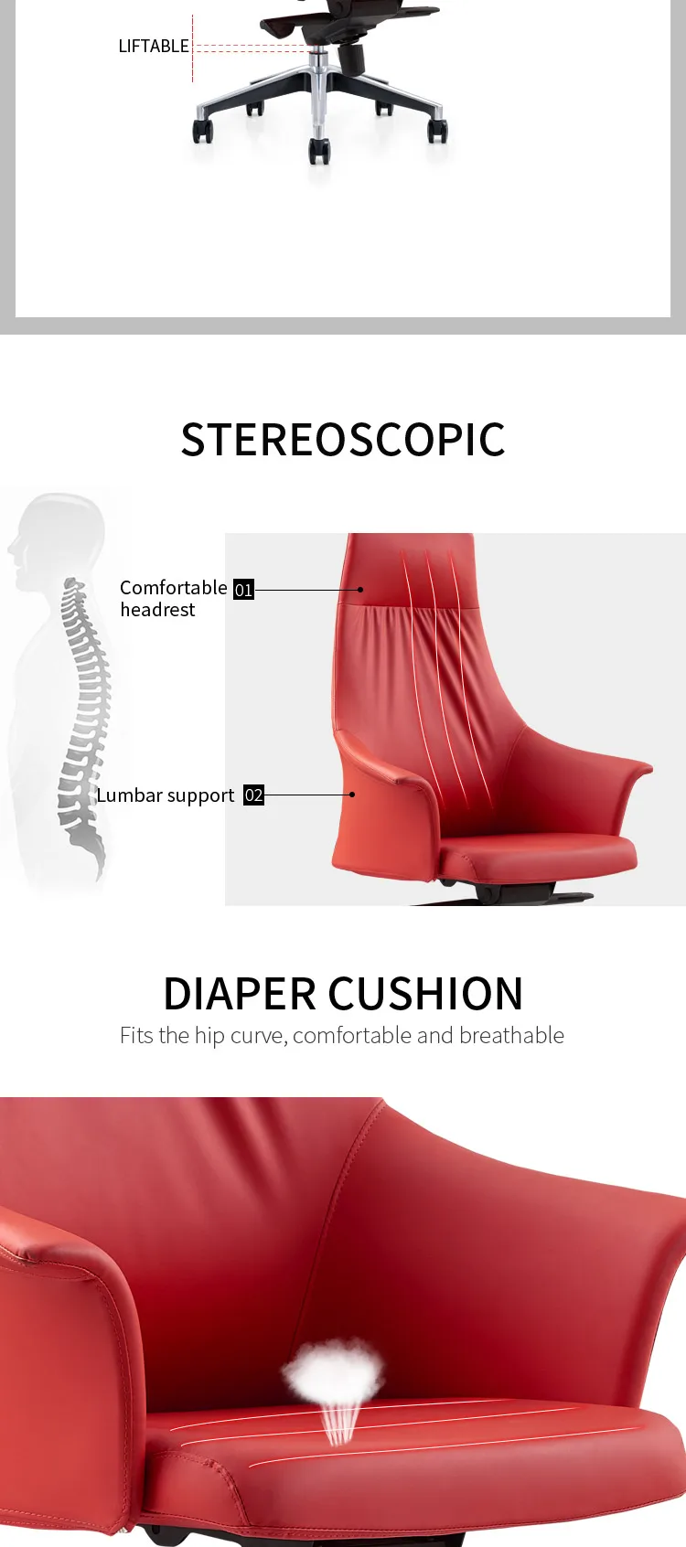 Heavy Duty Commercial Furniture Tilting Back Red Color Office Industrial Pu Leather Chair