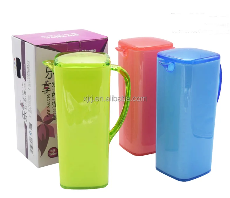 

high quality BPA free eco friendly 1.5L double color PS square plastic water jug plastic pitcher ice cooler water jug, Green,blue, red