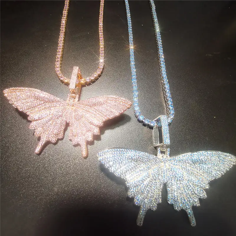 

Hawaii Sea Blue Cuban Chain Necklace Iced Out Hip Hop Butterfly Jewelry Womens S925 Sterling Silver Pendant Necklaces, Sky blue
