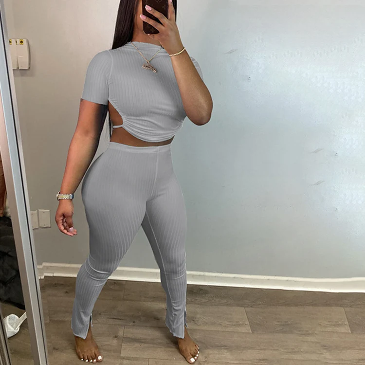 

Summer 2021 Backless Cute Casual Short Sleeve sexy Outfits 2 Peice Jogger Pants Set Two Pieces Woman Workout Sets Women Clothing, Gray,black,blue