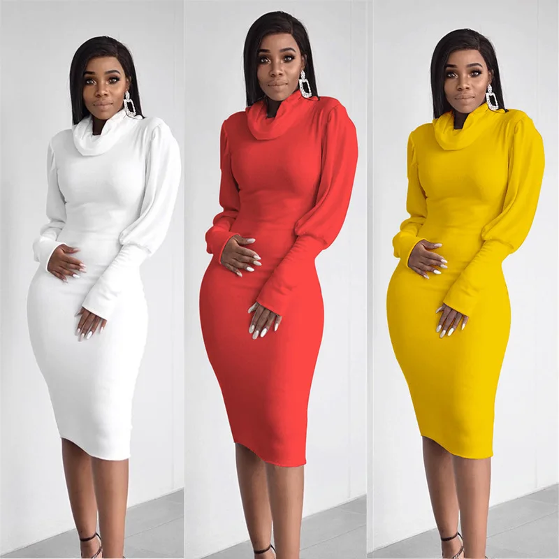 

High Collar Long Sleeve Midi Dress White Green Black Khaki Gray Pink High Quality Bodycon Night Party Fashion Dress, Picture or customized