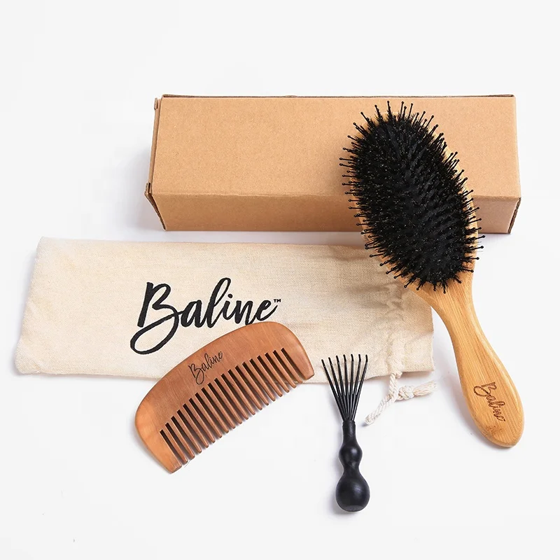 

Hot Selling High quality Customized available bamboo wood hair brush set boar bristle hair brush with wood comb set