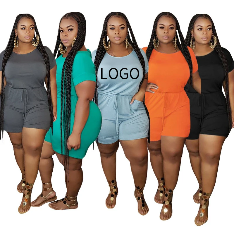 

Stylish Casual women's sexy lace up plus size solid color o-neck short rompers sleeves jumpsuit women plus size