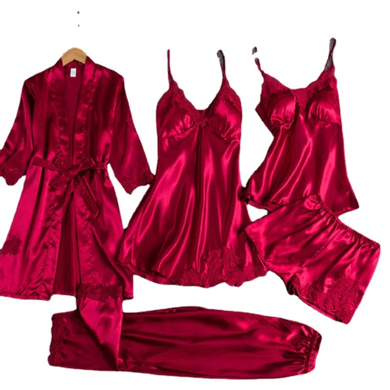 

Women's Sleepwear 5pcs Floral Lace Trim Satin Cami Pajama Sets With Robe Camisole Sleep Shorts, 6 colors