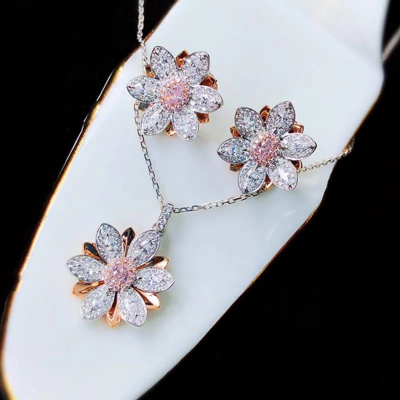 

Flower Pink Crystal Zircon Diamonds Gemstones Stud Earrings Pendant Necklaces Jewelry Sets for Women Party Gifts Accessory, Customized color
