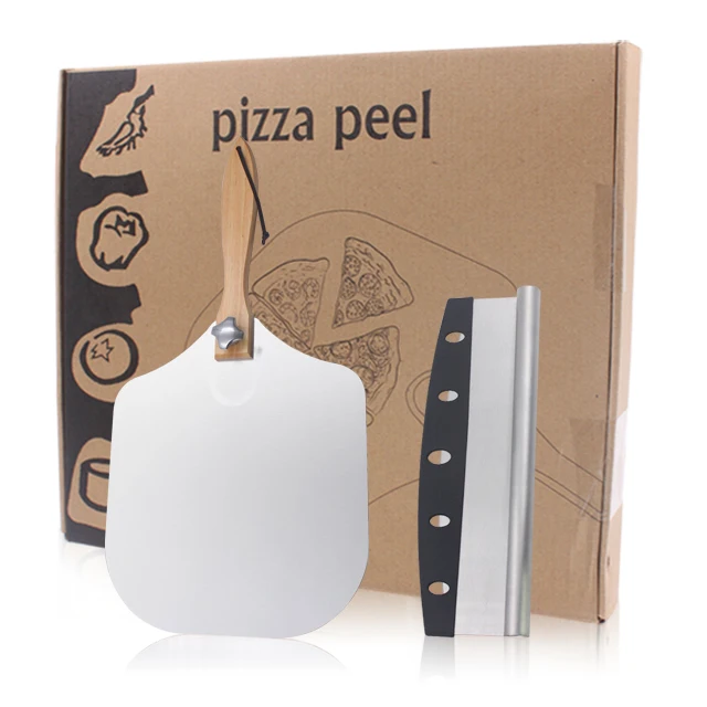 

Manufactuer Easy Storage Aluminum Foldable Wood Handle Pizza Peel Spatula and Pizza Rocker Slicer Knife With Cover Cutter Set