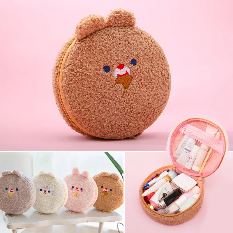 

Sherpa Round Makeup Bag,Cute Cartoon Animal Embroidery Plush Storage Bag