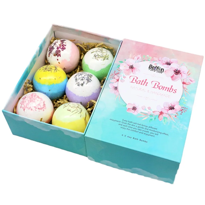 

Hand Made Bath Bombs Gift Set 6x4Oz Private Label Bath Fizzier Ball With Dried Flowers OEM Fizzy Bath Bomb Rainbow, Custom color