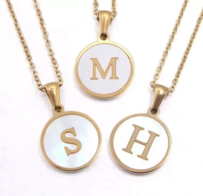 

Hot Selling Personalized 26 Capital Letter White Shell Women Necklace, Gold