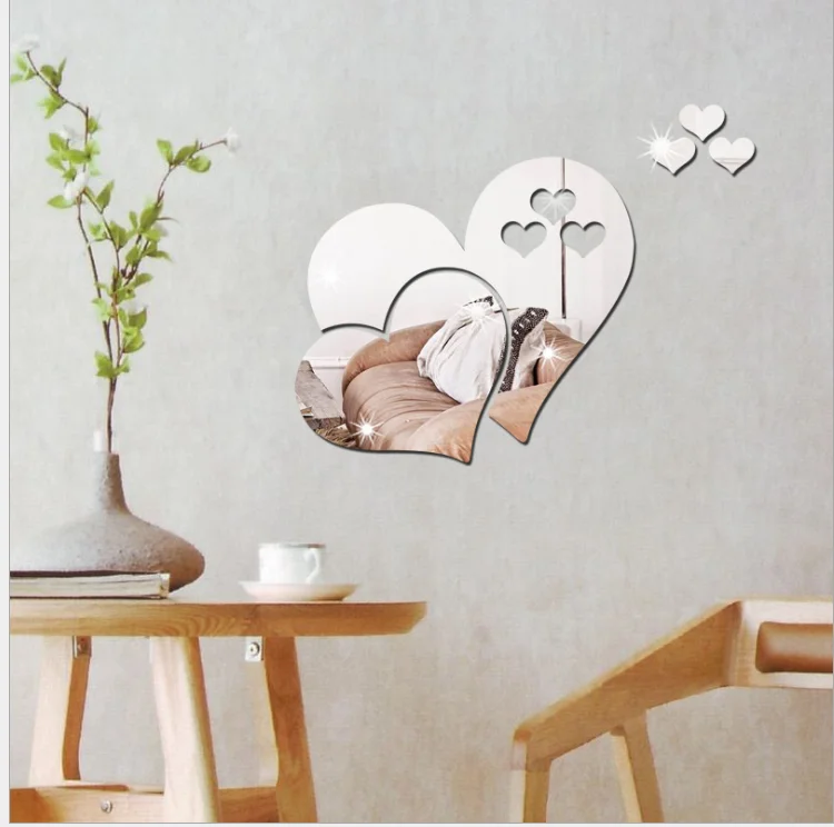 

3D Acrylic Wall Mirror Sticker Heart Shape Creative Mirrors Stickers Living Room Background Home Decorative espejos mural parede, Silver gold blue red