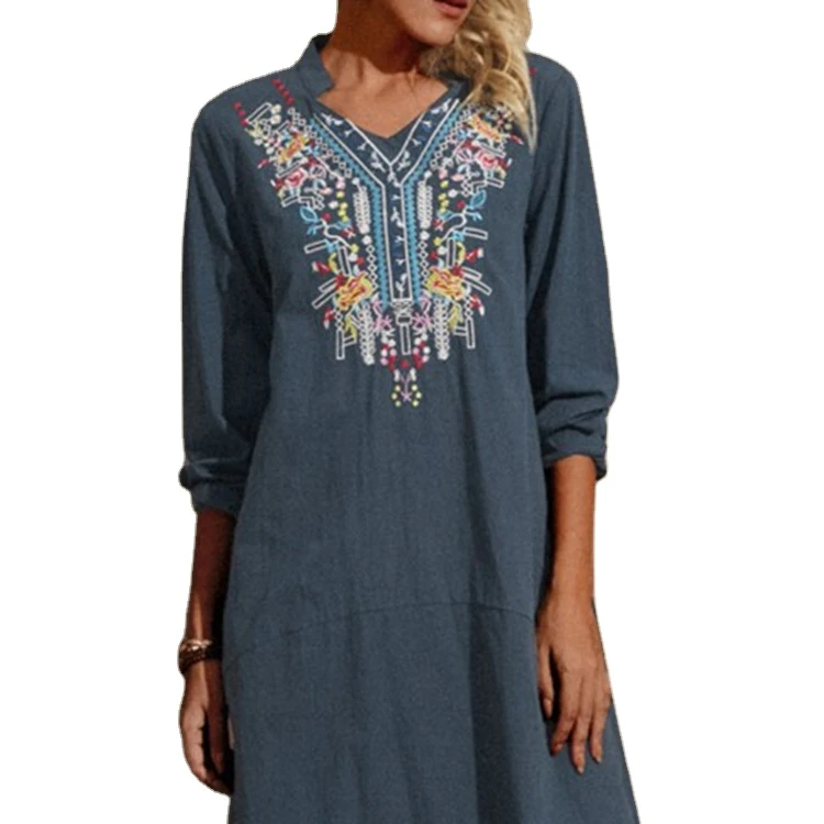 

2021 fancy design and good quality emberidery long sleeve casual loose spring plus size dress women floral printed dress