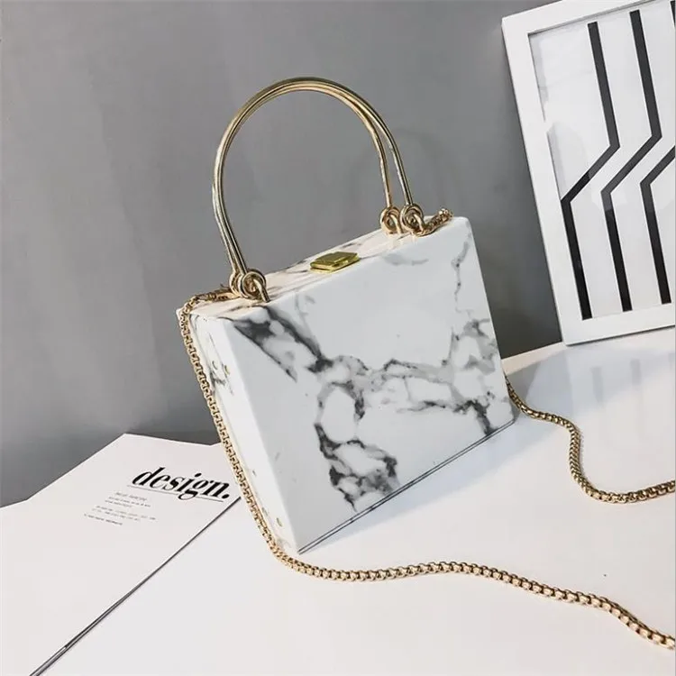 

handbags 2021 Korean fashion creative portable box bag marbled chain small square ladies handbags one shoulder cross box bag, White, black