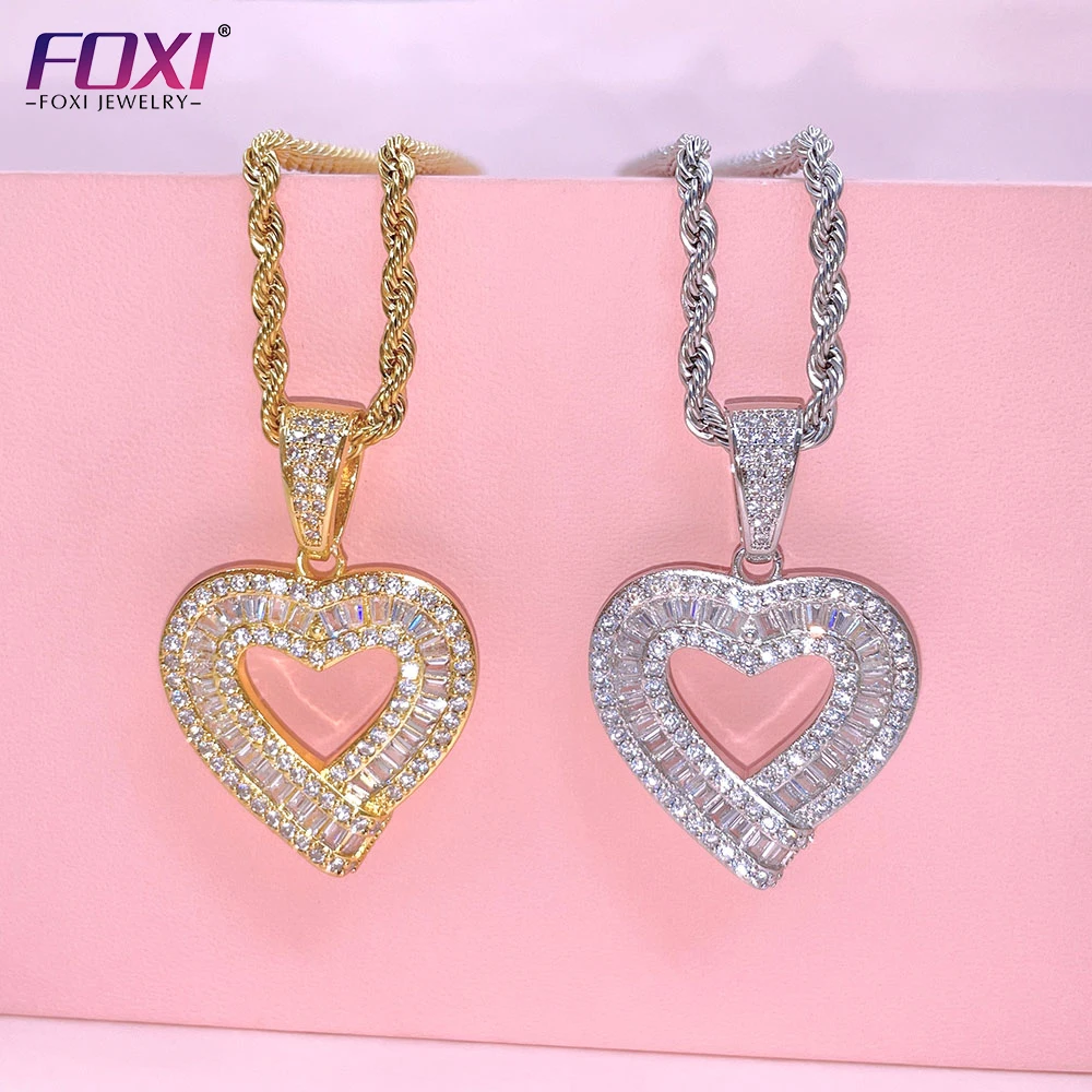 

Foxi jewelry cursive hear charm icy girls baguette cz diamond heart pendant necklace with rope chain