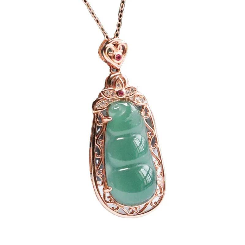 

S925 Silver Inlay Natural Emerald Pendant Ice Blue Water Sauteed Green Beans Factory Live Delivery FC2051211