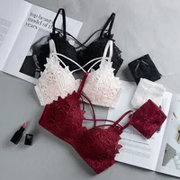 

Embroidered Flower Triangle Cup Strappy Bralette Lace Sexy Gathered Bra & Brief Sets